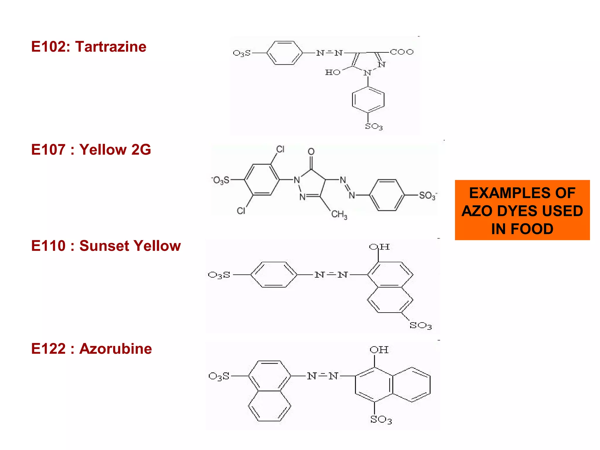 E102: Tartrazine
E107 : Yellow 2G
E110 : Sunset Yellow
E122 : Azorubine
EXAMPLES OF
AZO DYES USED
IN FOOD
 