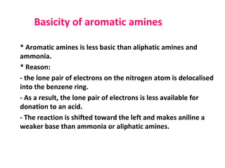 Basicity of aromatic amines
* Aromatic amines is less basic than aliphatic amines and
ammonia.
* Reason:
- the lone pair of electrons on the nitrogen atom is delocalised
into the benzene ring.
- As a result, the lone pair of electrons is less available for
donation to an acid.
- The reaction is shifted toward the left and makes aniline a
weaker base than ammonia or aliphatic amines.
 