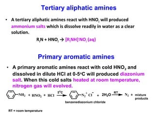• A tertiary aliphatic amines react with HNO2 will produced
ammonium salts which is dissolve readily in water as a clear
solution.
R3N + HNO2 → [R3NH]+
NO2
-
(aq)
NH2 HNO2 HCl N2
+
Cl
- 2H2O
RT
RT = room temperature
N2
5o
C
benzenediazonium chloride
mixture
products
Tertiary aliphatic amines
Primary aromatic amines
• A primary aromatic amines react with cold HNO2 and
dissolved in dilute HCl at 0-5o
C will produced diazonium
salt. When this cold salts heated at room temperature,
nitrogen gas will evolved.
 