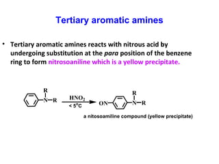 Tertiary aromatic amines
N
R
R HNO2
N
R
RON
a nitosoamiline compound (yellow precipitate)
< 5o
C
• Tertiary aromatic amines reacts with nitrous acid by
undergoing substitution at the para position of the benzene
ring to form nitrosoaniline which is a yellow precipitate.
 