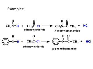 Examples:
CH3N
H
H CH3C
O
Cl
N
H
H CH3C
O
Cl N
H
C
O
CH3
CH3N
H
C CH3
O
HCl
HCl
N-methylethanamide
N-phenylbenzamide
ethanoyl chloride
ethanoyl chloride
 