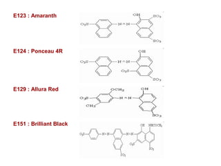 E123 : Amaranth
E124 : Ponceau 4R
E129 : Allura Red
E151 : Brilliant Black
 