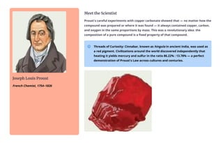 Joseph Louis Proust
French Chemist, 175431826
Meet the Scientist
Proust's careful experiments with copper carbonate showed that — no matter how the
compound was prepared or where it was found — it always contained copper, carbon,
and oxygen in the same proportions by mass. This was a revolutionary idea: the
composition of a pure compound is a fixed property of that compound.
Threads of Curiosity: Cinnabar, known as hingula in ancient India, was used as
a red pigment. Civilizations around the world discovered independently that
heating it yields mercury and sulfur in the ratio 86.22% : 13.78% 4 a perfect
demonstration of Proust's Law across cultures and centuries.
 