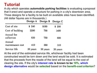 Tutorial
A city which operates automobile parking facilities is evaluating aproposal
that it erect and operate a structure for parking in a city's downtown area.
Three designs for a facility to be built on available sites have been identified.
(All dollar figures are in thousands.)
At the end of the estimated service life, whichever facility had been
constructed would be torn down and the land would be sold. It is estimated
that the proceeds from the resale of the land will be equal to the cost of
clearing the site. If the city's interest rate is known to be 10%, which
design alternative would be selected based on the benefit-cost criterion?
 