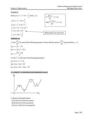 Additional Mathematics Module Form 4
Chapter 9- Differentiation SMK Agama Arau, Perlis
Page | 122
Example 1:
Given
x
xxxf
1
4)( 3
++= ,find )(''
xf .
3
''
3''
22'
13
3
2
6)(
26)(
143)(
4)(
1
4)(
x
xxf
xxxf
xxxf
xxxxf
x
xxxf
+=
+=
−+=
++=
++=
−
−
−
EXERCISE 9.6
1. Find 2
2
dx
yd
for each of the following equation. Hence, find the value of 2
2
dx
yd
at point where 1=x .
(a) xxy 52 4
−=
(b) )5(2 2
xxxy +=
(c) 2
2
32
x
xx
y
+
=
2. Find )(''
xf for each of the following functions.
(a) xxxf 3)( 2
+=
(b) 2
)23()( −= xxf
(c) 3
)3)(24()( −−= xxxf
9.7 CONCEPT OF MAXIMUM AND MINIMUM VALUES
y
C
D
A
B
x
1. Based on the graph above:
(a) A and C are maximum points
(b) B and D are minimum points
(c) A, B, C and D are turning points
If )(
)( '
xf
dx
xdf
= ,
then )(
)( ''
2
2
xf
dx
xfd
=
Differentiate one more time
 