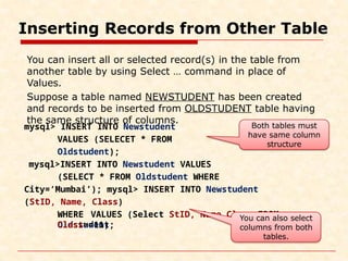 Inserting Records from Other Table
You can insert all or selected record(s) in the table from
another table by using Select … command in place of
Values.
Suppose a table named NEWSTUDENT has been created
and records to be inserted from OLDSTUDENT table having
the same structure of columns.
mysql> INSERT INTO Newstudent
VALUES (SELECET * FROM
Oldstudent);
mysql>INSERT INTO Newstudent VALUES
(SELECT * FROM Oldstudent WHERE
City=‘Mumbai’); mysql> INSERT INTO Newstudent
(StID, Name, Class)
VALUES (Select StID, Name,Class FROM
Oldstudent
WHERE
Class>=11);
Both tables must
have same column
structure
You can also select
columns from both
tables.
 
