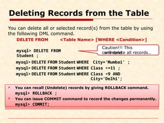 Deleting Records from the Table
mysql> DELETE FROM
Student ;
mysql> DELETE FROM Student WHERE City=‘Mumbai’ ;
mysql> DELETE FROM Student WHERE Class >=11 ;
mysql> DELETE FROM Student WHERE Class <9 AND
City=‘Delhi’;
 You can recall (Undelete) records by giving ROLLBACK command.
mysql> ROLLBACK ;
 You can issue COMMIT command to record the changes permanently.
mysql> COMMIT;
You can delete all or selected record(s) from the table by using
the following DML command.
DELETE FROM <Table Name> [WHERE <Condition>]
Caution!!! This
command
will delete all records…
 