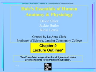 9 - 1
CopyrightThe McGraw-Hill Companies, Inc. Permission required for reproduction or display.
*See PowerPoint image slides for all figures and tables
pre-inserted into PowerPoint without notes”.
Chapter 9
Lecture Outlines*
Hole’s Essentials of Human
Anatomy & Physiology
David Shier
Jackie Butler
Ricki Lewis
Created by Lu Anne Clark
Professor of Science, Lansing Community College
 