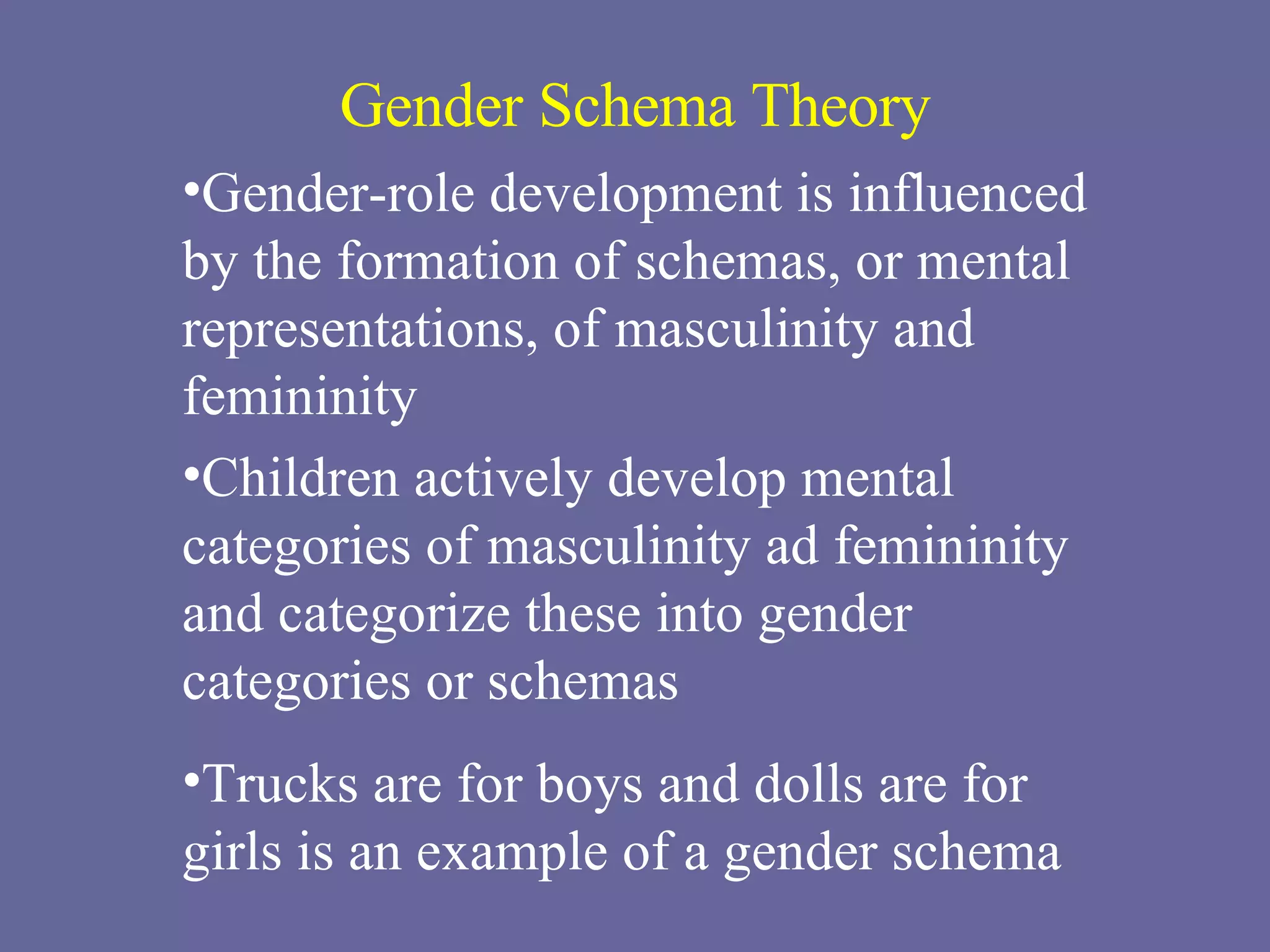 Gender Schema Theory Gender-role development is influenced by the formation of schemas, or mental representations, of masculinity and femininity Children actively develop mental categories of masculinity ad femininity and categorize these into gender categories or schemas Trucks are for boys and dolls are for girls is an example of a gender schema 