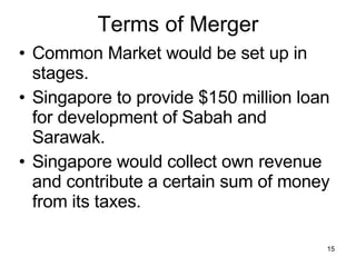 Terms of Merger Common Market would be set up in stages. Singapore to provide $150 million loan for development of Sabah and Sarawak. Singapore would collect own revenue and contribute a certain sum of money from its taxes. 