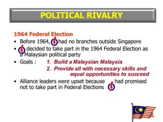1964 Federal Election Before 1964,  had no branches outside Singapore decided to take part in the 1964 Federal Election as a Malaysian political party Goals : 1.  Build a Malaysian Malaysia 2.  Provide all with necessary skills and    equal opportunities to succeed Alliance leaders were upset because  had promised not to take part in Federal Elections POLITICAL RIVALRY 
