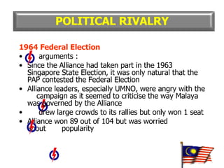 1964 Federal Election arguments : Since the Alliance had taken part in the 1963 Singapore State Election, it was only natural that the PAP contested the Federal Election Alliance leaders, especially UMNO, were angry with the  campaign as it seemed to criticise the way Malaya was governed by the Alliance drew large crowds to its rallies but only won 1 seat Alliance won 89 out of 104 but was worried  about  popularity POLITICAL RIVALRY 