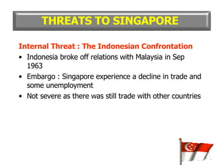 Internal Threat : The Indonesian Confrontation Indonesia broke off relations with Malaysia in Sep 1963 Embargo : Singapore experience a decline in trade and some unemployment Not severe as there was still trade with other countries THREATS TO SINGAPORE 