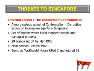 Internal Threat : The Indonesian Confrontation A more serious aspect of Confrontation : Disruptive action by Indonesian agents in Singapore Set off bombs which killed innocent people and damaged property 29 bombs set off by Mar 1965 Most serious : March 1965 Bomb at MacDonald House killed 3 and injured 33 THREATS TO SINGAPORE 