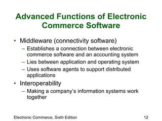 Advanced Functions of Electronic Commerce Software Middleware (connectivity software) Establishes a connection between electronic commerce software and an accounting system Lies between application and operating system Uses software agents to support distributed applications Interoperability Making a company’s information systems work together 