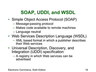 SOAP, UDDI, and WSDL Simple Object Access Protocol (SOAP)  Message-passing protocol  Makes code available to remote machines Language neutral Web Services Description Language (WSDL) XML based format in which a publisher describes their Web services Universal Description, Discovery, and Integration (UDDI) specification A registry in which Web services can be advertised 