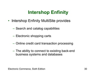 Intershop Enfinity Intershop Enfinity MultiSite provides  Search and catalog capabilities Electronic shopping carts Online credit card transaction processing The ability to connect to existing back-end business systems and databases 