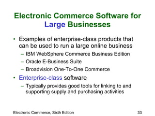 Electronic Commerce Software for  Large  Businesses Examples of enterprise-class products that can be used to run a large online business IBM WebSphere Commerce Business Edition Oracle E-Business Suite Broadvision One-To-One Commerce Enterprise-class  software Typically provides good tools for linking to and supporting supply and purchasing activities 