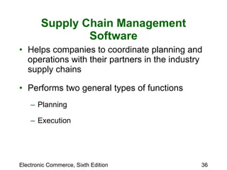 Supply Chain Management Software Helps companies to coordinate planning and operations with their partners in the industry supply chains  Performs two general types of functions Planning Execution 