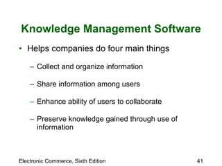 Knowledge Management Software Helps companies do four main things Collect and organize information Share information among users Enhance ability of users to collaborate Preserve knowledge gained through use of information  