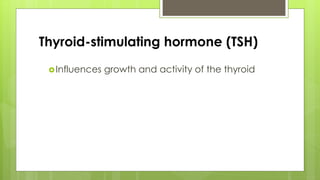 Thyroid-stimulating hormone (TSH)
Influences growth and activity of the thyroid
 