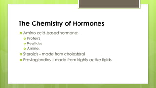 The Chemistry of Hormones
 Amino acid-based hormones
 Proteins
 Peptides
 Amines
 Steroids – made from cholesterol
 Prostaglandins – made from highly active lipids
 