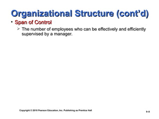 Copyright © 2010 Pearson Education, Inc. Publishing as Prentice Hall
9–8
Organizational Structure (cont’d)Organizational Structure (cont’d)
• Span of ControlSpan of Control
 The number of employees who can be effectively and efficientlyThe number of employees who can be effectively and efficiently
supervised by a manager.supervised by a manager.
 