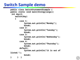 17
Switch Sample demo
public class SwitchStatementExample {
public static void main(String[]args){
int day=2;
switch(day)
{
case 1:
System.out.println("Monday");
break;
case 2:
System.out.println("Tuesday");
break;
case 3:
System.out.println("Wednesday");
break;
case 4:
System.out.println("Thursday");
break;
default:
System.out.println("it is out of
listed.");
break;
} } }
 