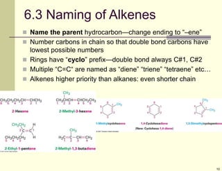 10
6.3 Naming of Alkenes
 Name the parent hydrocarbon—change ending to “–ene”
 Number carbons in chain so that double bond carbons have
lowest possible numbers
 Rings have “cyclo” prefix—double bond always C#1, C#2
 Multiple “C=C“ are named as “diene” “triene” “tetraene” etc…
 Alkenes higher priority than alkanes: even shorter chain
 