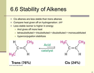 21
6.6 Stability of Alkenes
 Cis alkenes are less stable than trans alkenes
 Compare heat given off on hydrogenation: Ho
 Less stable isomer is higher in energy
 And gives off more heat
 tetrasubstituted > trisubstituted > disubstituted > monosusbtituted
 hyperconjugation stabilizes
 