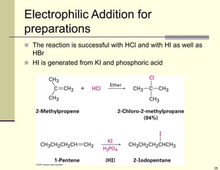 26
Electrophilic Addition for
preparations
 The reaction is successful with HCl and with HI as well as
HBr
 HI is generated from KI and phosphoric acid
 
