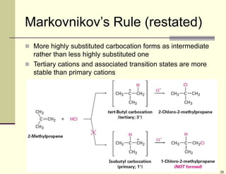 29
Markovnikov’s Rule (restated)
 More highly substituted carbocation forms as intermediate
rather than less highly substituted one
 Tertiary cations and associated transition states are more
stable than primary cations
 