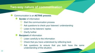 Two-way nature of communication
◆ Communication is an ACTIVE process.
◆ Sender of information
◇ Start the communication process
◇ Ask questions to check your listeners’ understanding
◇ Listen to the listeners’ replies
◇ Clarify further
◆ Recipient of information
◇ Listen carefully to the information
◇ Check that you have understood by reflecting back
◇ Ask questions to ensure that you both have the same
understanding of the situation.
22
 