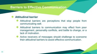 Barriers to Effective Communication
◆ Attitudinal barrier
◆ Attitudinal barriers are perceptions that stop people from
communicating well.
◆ Attitudinal barriers to communication may effect from poor
management, personality conflicts, and battle to change, or a
lack of motivation.
◆ Active receivers of messages should challenge to overcome
their attitudinal barriers to assist effective communication.
33
 