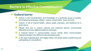 Barriers to Effective Communication
◆ Cultural barrier
◆ Culture is the characteristics and knowledge of a particular group of people,
encompassing language, religion, cuisine, social habits, music and arts.
◆ Culture: A set of shared beliefs, values, goals, practices, and traditions for a
given group.
◆ People who live in various cultures and historical epochs communicate
differently and have different patterns of thought.
◆ A Cultural barrier in communication occurs mainly when communication
happens between two different cultural backgrounds.
◆ In the age of globalization and digital media, the whole world is performing and
participating on one platform.
34
 