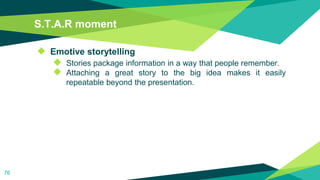 S.T.A.R moment
◆ Emotive storytelling
◆ Stories package information in a way that people remember.
◆ Attaching a great story to the big idea makes it easily
repeatable beyond the presentation.
76
 