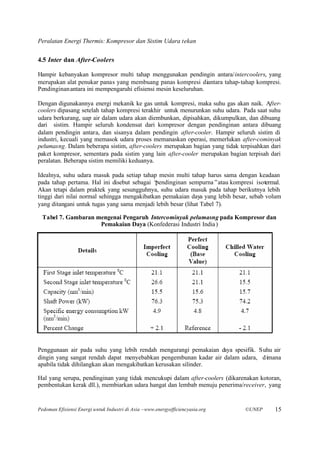 Peralatan Energi Thermis: Kompresor dan Sistim Udara tekan


4.5 Inter dan After-Coolers

Hampir kebanyakan kompresor multi tahap menggunakan pendingin antara/intercoolers, yang
merupakan alat penukar panas yang membuang panas kompresi diantara tahap-tahap kompresi.
Pendinginan antara ini mempengaruhi efisiensi mesin keseluruhan.

Dengan digunakannya energi mekanik ke gas untuk kompresi, maka suhu gas akan naik. After-
coolers dipasang setelah tahap kompresi terakhir untuk menurunkan suhu udara. Pada saat suhu
udara berkurang, uap air dalam udara akan diembunkan, dipisahkan, dikumpulkan, dan dibuang
dari sistim. Hampir seluruh kondensat dari kompresor dengan pendinginan antara dibuang
dalam pendingin antara, dan sisanya dalam pendingin after-cooler. Hampir seluruh sistim di
industri, kecuali yang memasok udara proses memanaskan operasi, memerlukan after-cominyak
pelumasng. Dalam beberapa sistim, after-coolers merupakan bagian yang tidak terpisahkan dari
paket kompresor, sementara pada sistim yang lain after-cooler merupakan bagian terpisah dari
peralatan. Beberapa sistim memiliki keduanya.

Idealnya, suhu udara masuk pada setiap tahap mesin multi tahap harus sama dengan keadaan
pada tahap pertama. Hal ini disebut sebagai “pendinginan sempurna”atau kompresi isotermal.
Akan tetapi dalam praktek yang sesungguhnya, suhu udara masuk pada tahap berikutnya lebih
tinggi dari nilai normal sehingga mengakibatkan pemakaian daya yang lebih besar, sebab volum
yang ditangani untuk tugas yang sama menjadi lebih besar (lihat Tabel 7).

  Tabel 7. Gambaran mengenai Pengaruh Intercominyak pelumasng pada Kompresor dan
                     Pemakaian Daya (Konfederasi Industri India )




Penggunaan air pada suhu yang lebih rendah mengurangi pemakaian daya spesifik. Suhu air
dingin yang sangat rendah dapat menyebabkan pengembunan kadar air dalam udara, dimana
apabila tidak dihilangkan akan mengakibatkan kerusakan silinder.

Hal yang serupa, pendinginan yang tidak mencukupi dalam after-coolers (dikarenakan kotoran,
pembentukan kerak dll.), membiarkan udara hangat dan lembab menuju penerima/receiver, yang


Pedoman Efisiensi Energi untuk Industri di Asia –www.energyefficiencyasia.org   ©UNEP    15
 
