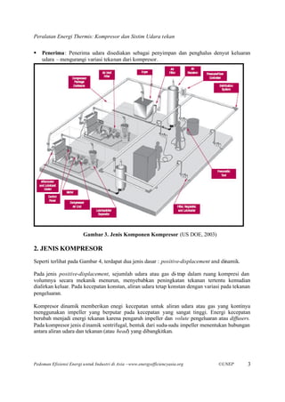 Peralatan Energi Thermis: Kompresor dan Sistim Udara tekan

§   Penerima : Penerima udara disediakan sebagai penyimpan dan penghalus denyut keluaran
    udara –mengurangi variasi tekanan dari kompresor.




                         Gambar 3. Jenis Komponen Kompresor (US DOE, 2003)

2. JENIS KOMPRESOR
Seperti terlihat pada Gambar 4, terdapat dua jenis dasar : positive-displacement and dinamik.

Pada jenis positive-displacement, sejumlah udara atau gas di- trap dalam ruang kompresi dan
volumnya secara mekanik menurun, menyebabkan peningkatan tekanan tertentu kemudian
dialirkan keluar. Pada kecepatan konstan, aliran udara tetap konstan dengan variasi pada tekanan
pengeluaran.

Kompresor dinamik memberikan enegi kecepatan untuk aliran udara atau gas yang kontinyu
menggunakan impeller yang berputar pada kecepatan yang sangat tinggi. Energi kecepatan
berubah menjadi energi tekanan karena pengaruh impeller dan volute pengeluaran atau diffusers.
Pada kompresor jenis d inamik sentrifugal, bentuk dari sudu-sudu impeller menentukan hubungan
antara aliran udara dan tekanan (atau head) yang dibangkitkan.




Pedoman Efisiensi Energi untuk Industri di Asia –www.energyefficiencyasia.org      ©UNEP        3
 