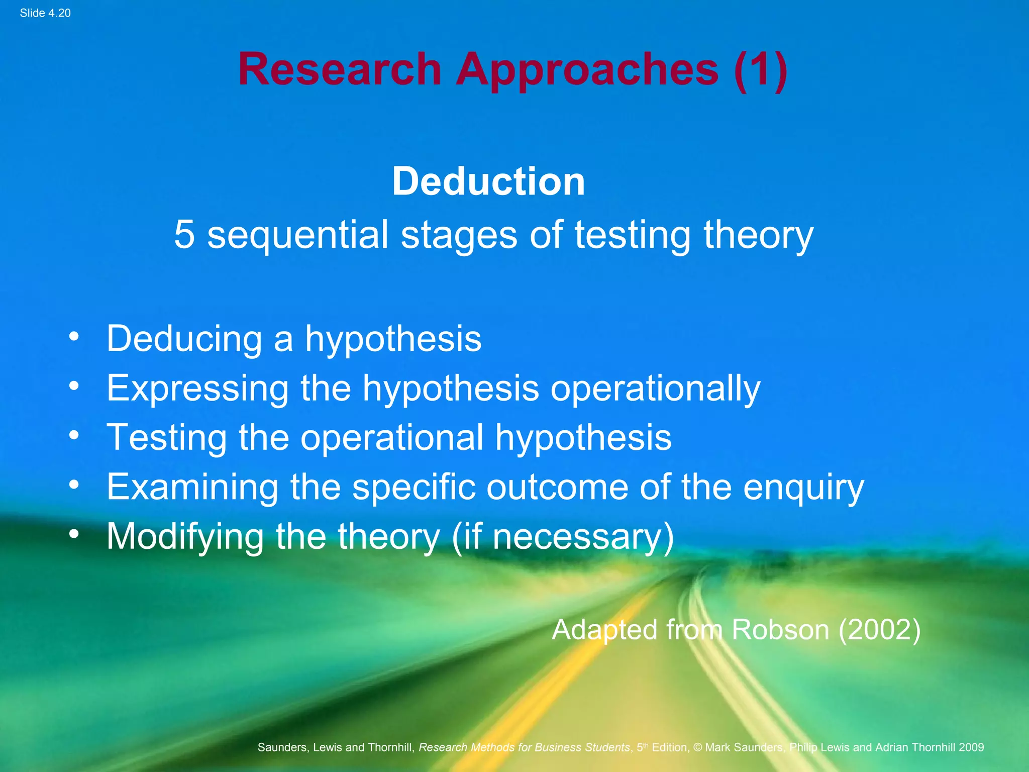 Slide 4.20
Saunders, Lewis and Thornhill, Research Methods for Business Students, 5th
Edition, © Mark Saunders, Philip Lewis and Adrian Thornhill 2009
Research Approaches (1)
Deduction
5 sequential stages of testing theory
• Deducing a hypothesis
• Expressing the hypothesis operationally
• Testing the operational hypothesis
• Examining the specific outcome of the enquiry
• Modifying the theory (if necessary)
Adapted from Robson (2002)
 