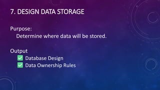 7. DESIGN DATA STORAGE
Purpose:
Determine where data will be stored.
Output
Database Design
Data Ownership Rules
 