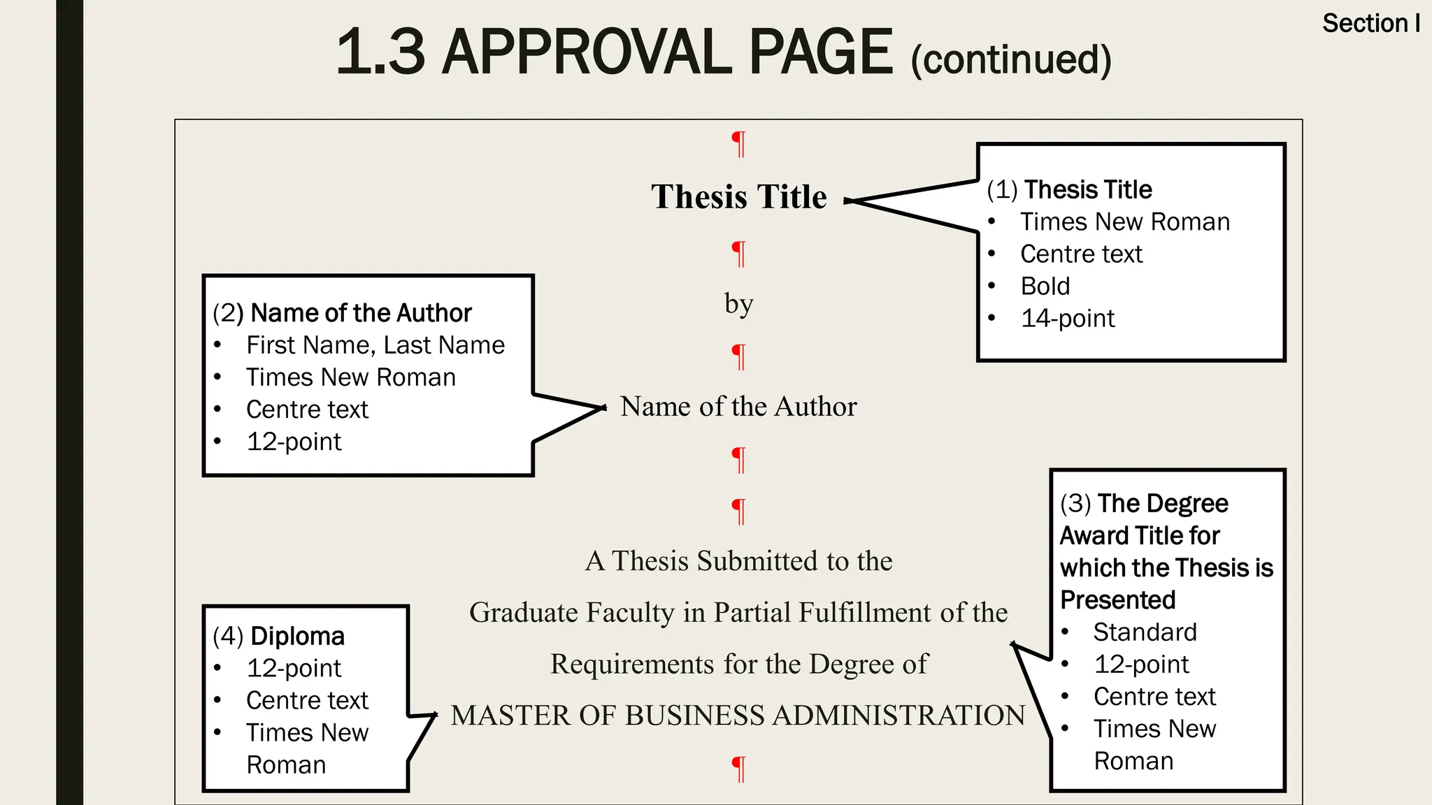 1.3 APPROVAL PAGE (continued)
¶
Thesis Title
¶
by
¶
Name of the Author
¶
¶
A Thesis Submitted to the
Graduate Faculty in Partial Fulfillment of the
Requirements for the Degree of
MASTER OF BUSINESS ADMINISTRATION
¶
(1) Thesis Title
• Times New Roman
• Centre text
• Bold
• 14-point
Section I
(2) Name of the Author
• First Name, Last Name
• Times New Roman
• Centre text
• 12-point
(3) The Degree
Award Title for
which the Thesis is
Presented
• Standard
• 12-point
• Centre text
• Times New
Roman
(4) Diploma
• 12-point
• Centre text
• Times New
Roman
 
