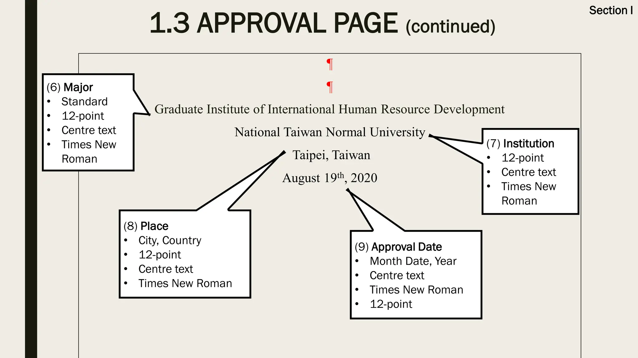 1.3 APPROVAL PAGE (continued)
¶
¶
Graduate Institute of International Human Resource Development
National Taiwan Normal University
Taipei, Taiwan
August 19th, 2020
Section I
(7) Institution
• 12-point
• Centre text
• Times New
Roman
(6) Major
• Standard
• 12-point
• Centre text
• Times New
Roman
(8) Place
• City, Country
• 12-point
• Centre text
• Times New Roman
(9) Approval Date
• Month Date, Year
• Centre text
• Times New Roman
• 12-point
 