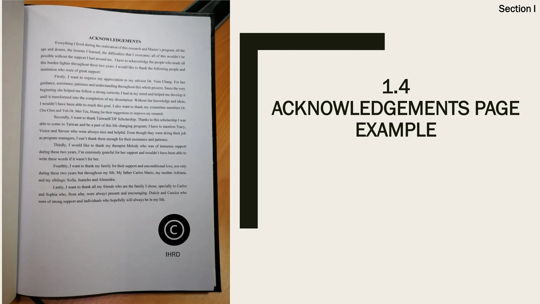 1.4
ACKNOWLEDGEMENTS PAGE
EXAMPLE
Section I
IHRD
 