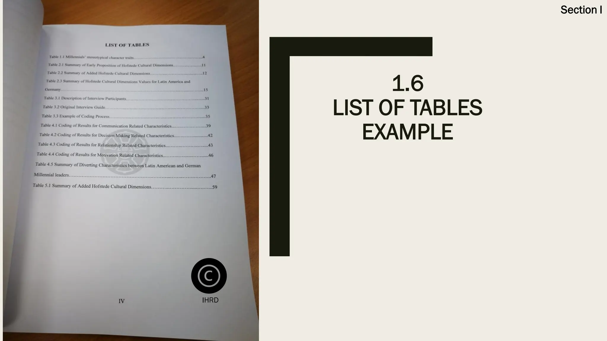 1.6
LIST OF TABLES
EXAMPLE
Section I
IHRD
 