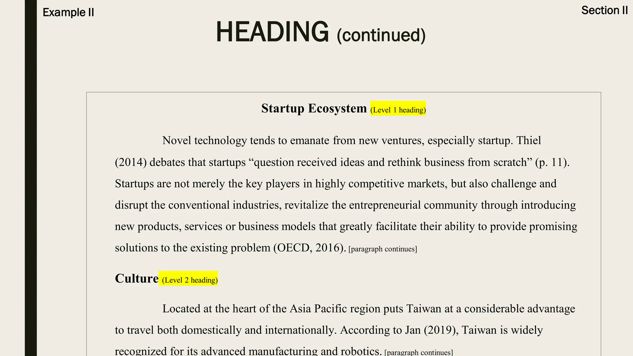 HEADING (continued)
Section II
Example II
Startup Ecosystem (Level 1 heading)
Novel technology tends to emanate from new ventures, especially startup. Thiel
(2014) debates that startups “question received ideas and rethink business from scratch” (p. 11).
Startups are not merely the key players in highly competitive markets, but also challenge and
disrupt the conventional industries, revitalize the entrepreneurial community through introducing
new products, services or business models that greatly facilitate their ability to provide promising
solutions to the existing problem (OECD, 2016). [paragraph continues]
Culture (Level 2 heading)
Located at the heart of the Asia Pacific region puts Taiwan at a considerable advantage
to travel both domestically and internationally. According to Jan (2019), Taiwan is widely
recognized for its advanced manufacturing and robotics. [paragraph continues]
 