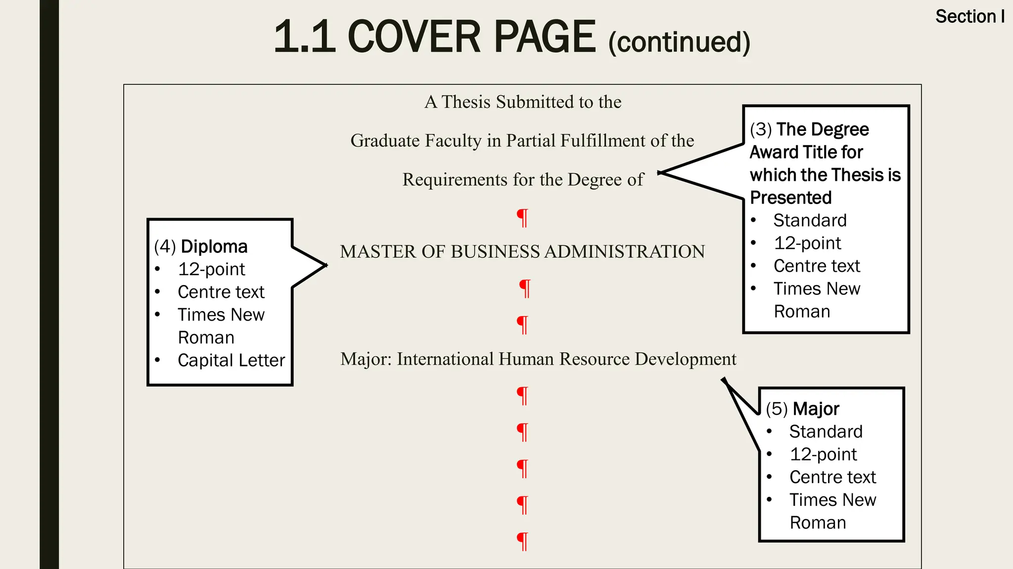 1.1 COVER PAGE (continued)
A Thesis Submitted to the
Graduate Faculty in Partial Fulfillment of the
Requirements for the Degree of
¶
MASTER OF BUSINESS ADMINISTRATION
¶
¶
Major: International Human Resource Development
¶
¶
¶
¶
¶
(3) The Degree
Award Title for
which the Thesis is
Presented
• Standard
• 12-point
• Centre text
• Times New
Roman
(4) Diploma
• 12-point
• Centre text
• Times New
Roman
• Capital Letter
(5) Major
• Standard
• 12-point
• Centre text
• Times New
Roman
Section I
 