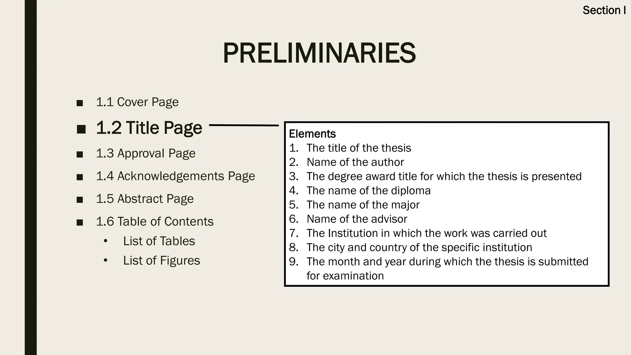 ■ 1.1 Cover Page
■ 1.2 Title Page
■ 1.3 Approval Page
■ 1.4 Acknowledgements Page
■ 1.5 Abstract Page
■ 1.6 Table of Contents
• List of Tables
• List of Figures
Elements
1. The title of the thesis
2. Name of the author
3. The degree award title for which the thesis is presented
4. The name of the diploma
5. The name of the major
6. Name of the advisor
7. The Institution in which the work was carried out
8. The city and country of the specific institution
9. The month and year during which the thesis is submitted
for examination
PRELIMINARIES
Section I
 
