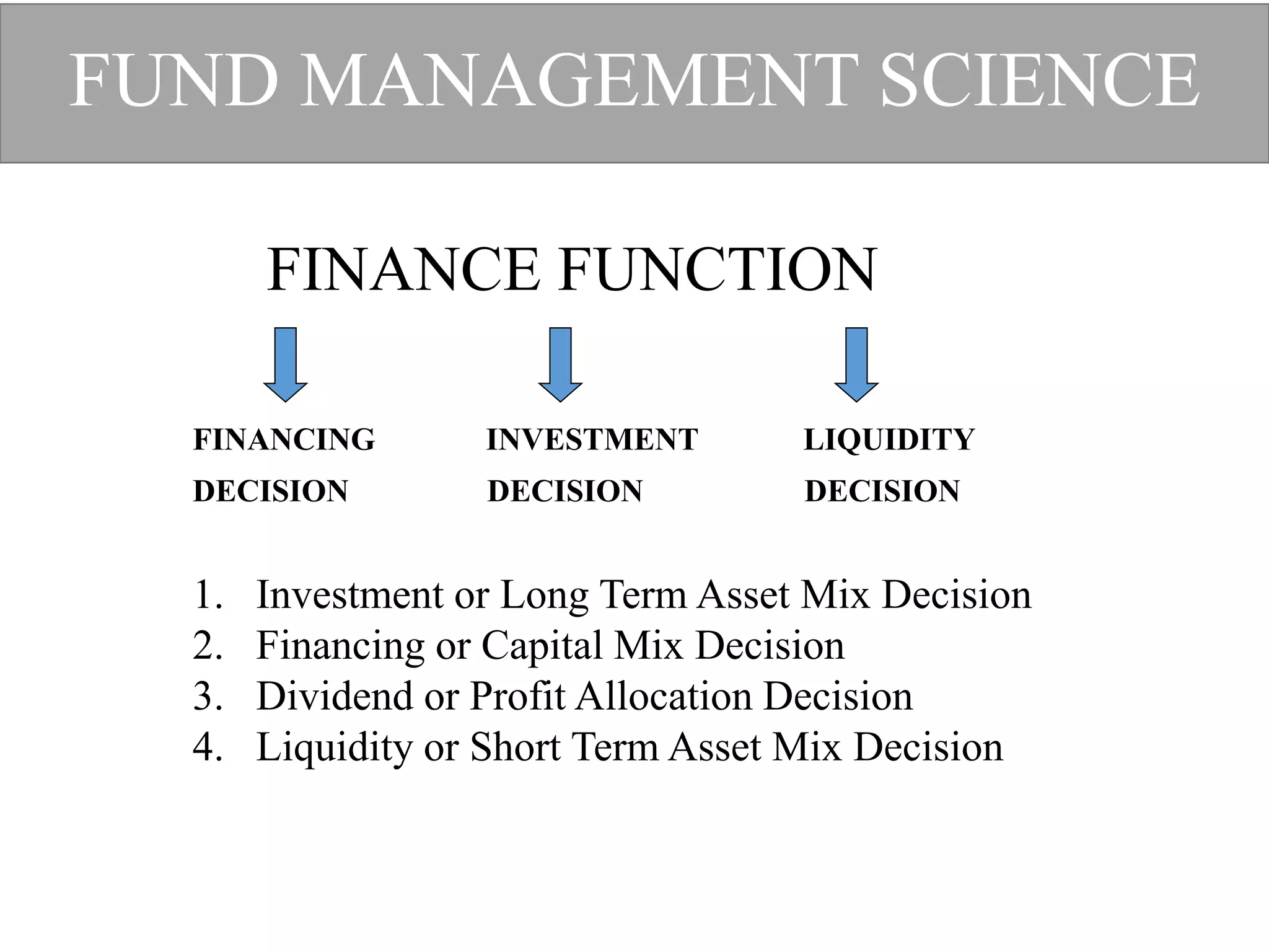 FUND MANAGEMENT SCIENCE
FINANCE FUNCTION
FINANCING INVESTMENT LIQUIDITY
DECISION DECISION DECISION
1. Investment or Long Term Asset Mix Decision
2. Financing or Capital Mix Decision
3. Dividend or Profit Allocation Decision
4. Liquidity or Short Term Asset Mix Decision
12
 