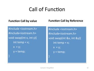 Call	
  of	
  Func9on	
  
Func&on	
  Call	
  by	
  value	
                           Func&on	
  Call	
  by	
  Reference	
  

#include	
  <iostream.h>	
                                 #include	
  <iostream.h>	
  
#include<iostream.h>	
                                     #include<iostream.h>	
  
void	
  swap(int	
  x,	
  int	
  y){	
                     void	
  swap(int	
  &x,	
  int	
  &y){	
  
          	
  int	
  temp	
  =	
  x;	
                               	
  int	
  temp	
  =	
  x;	
  
          	
  x	
  	
  =	
  y;	
                                     	
  x	
  	
  =	
  y;	
  
          	
  y	
  =	
  temp;	
                                      	
  y	
  =	
  temp;	
  
}	
  	
                                                    }	
  	
  
	
                                                         	
  

                                           Lecturer:	
  Hong	
  Mom	
                                   12	
  
 