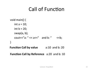 Call	
  of	
  Func9on	
  
void	
  main()	
  {	
  	
  
	
  	
  	
  	
  	
  	
  int	
  a	
  =	
  10;	
  	
  	
  
	
  	
  	
  	
  	
  	
  int	
  b	
  =	
  20;	
  	
  	
  	
  	
  
	
  	
  	
  	
  	
  	
  swap(a,	
  b);	
  	
  	
  	
  
	
  	
  	
  	
  	
  	
  cout<<”a:	
  ”	
  <<	
  a<<”	
  	
  	
  	
  and	
  b:	
  ”	
       	
  <<b;	
  	
  	
  
}	
  
Func&on	
  Call	
  by	
  value	
  	
  	
  	
  	
  	
  	
  	
  	
  	
  	
  a:10	
  	
  and	
  b:	
  20	
  
	
  
  Func&on	
  Call	
  by	
  Reference	
  	
  	
  a:20	
  	
  and	
  b:	
  10	
  
  	
  

                                                            Lecturer:	
  Hong	
  Mom	
                            13	
  
 